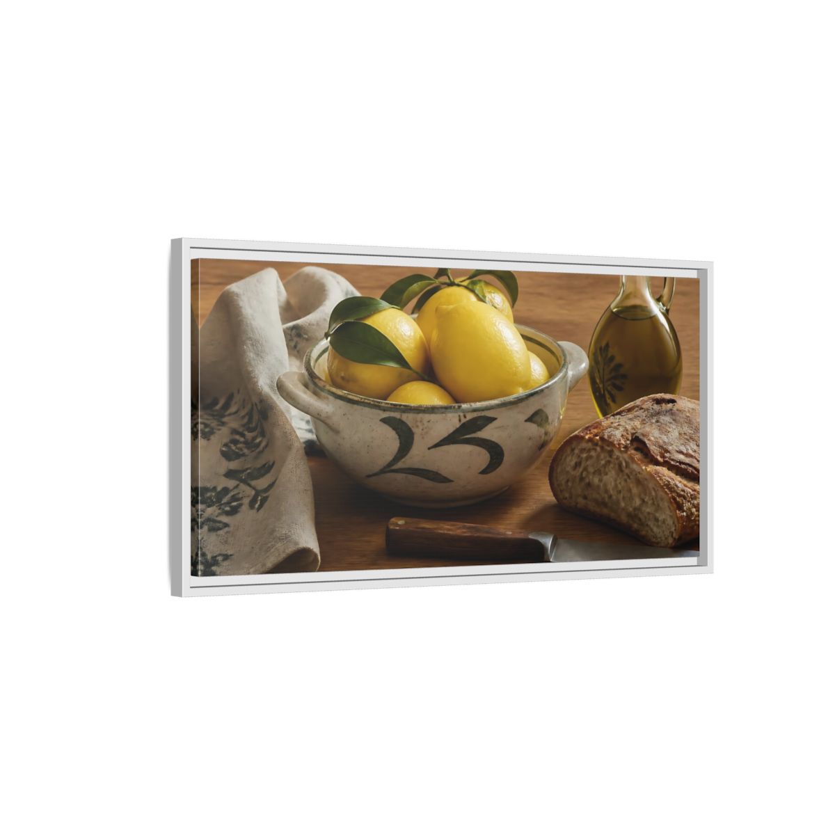 Side Mockup 1. Lemons In Ceramic Bowl shown as framed canvas print
