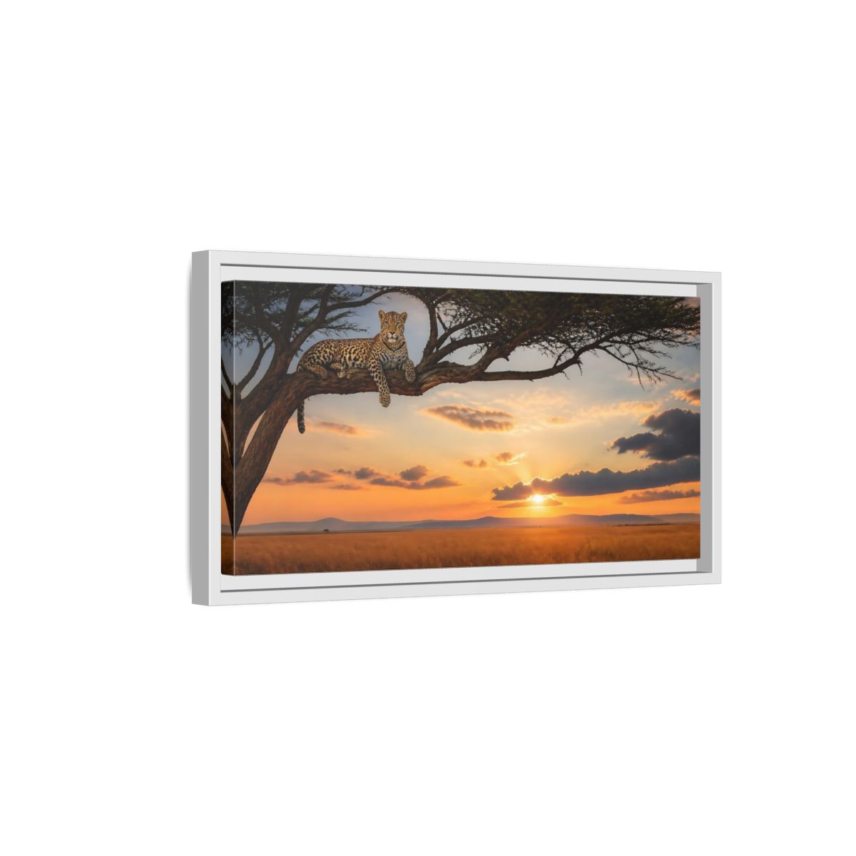 Side Mockup 6. Leopard On Acacia At Sunset shown as framed canvas print