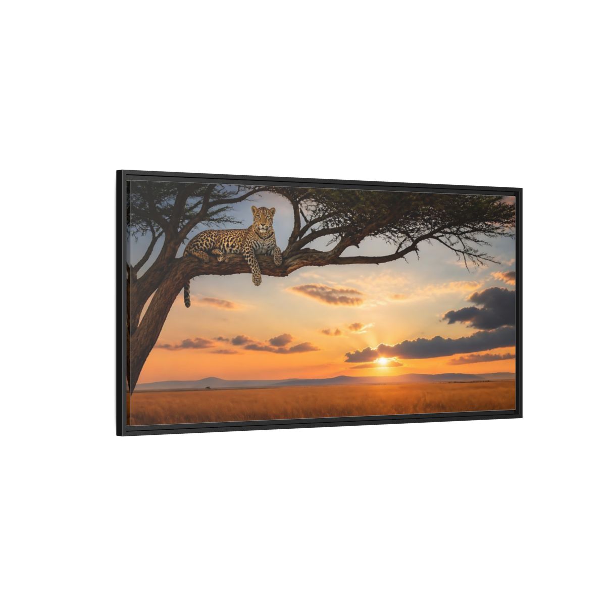 Side Mockup 5. Leopard On Acacia At Sunset shown as framed canvas print