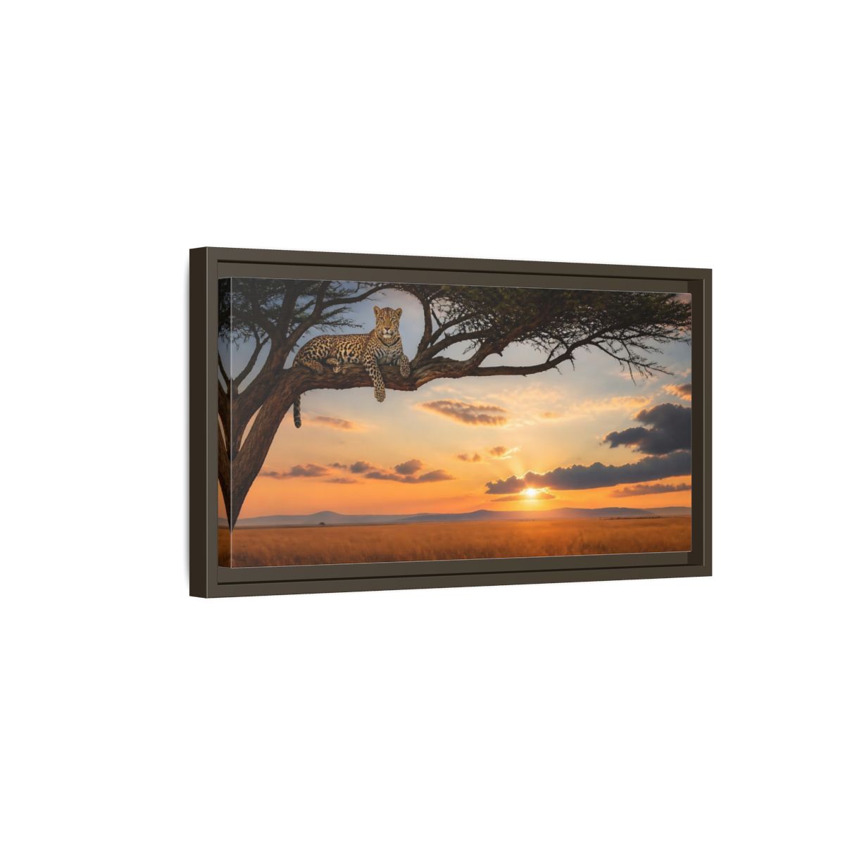 Side Mockup 7. Leopard On Acacia At Sunset shown as framed canvas print