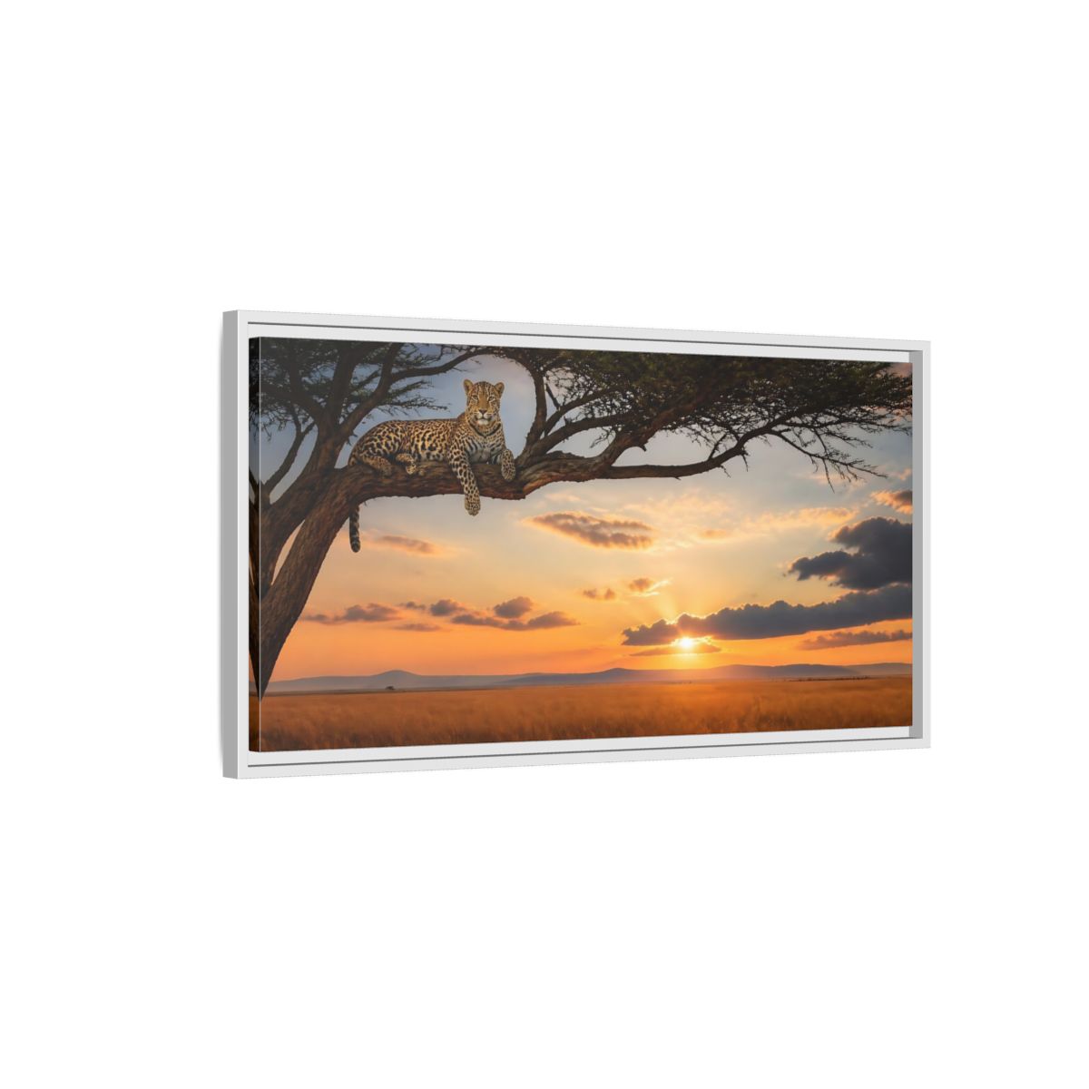 Side Mockup 1. Leopard On Acacia At Sunset shown as framed canvas print
