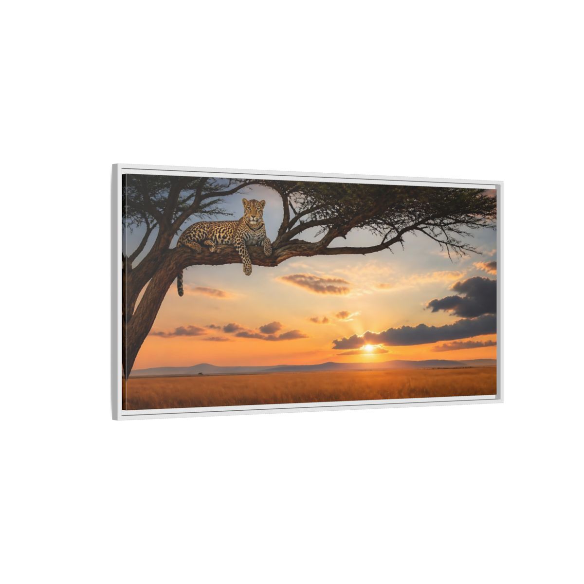 Side Mockup 3. Leopard On Acacia At Sunset shown as framed canvas print
