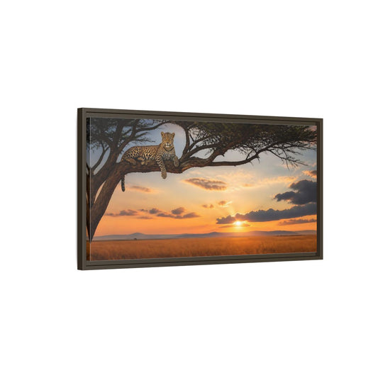Main Mockup. Leopard On Acacia At Sunset shown as framed canvas print