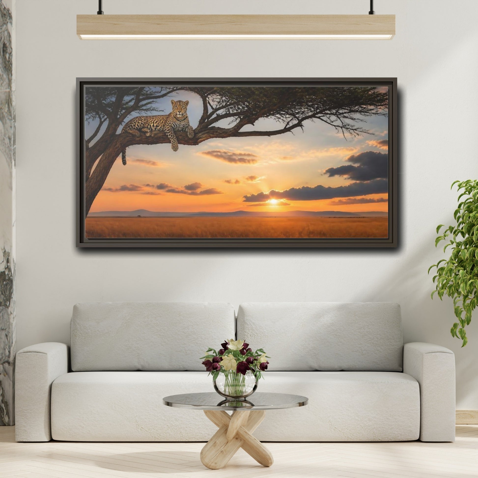Mockup 2. Leopard On Acacia At Sunset shown as framed canvas print