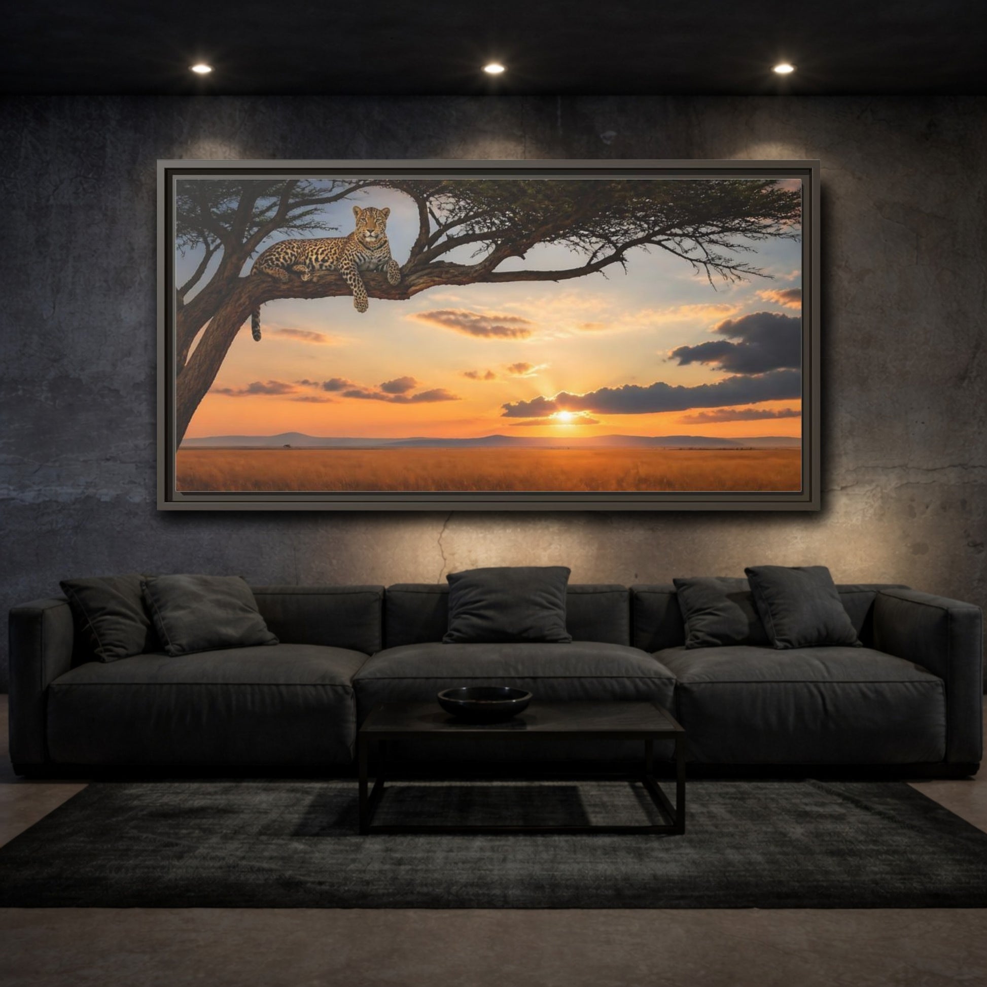 Mockup 3. Leopard On Acacia At Sunset shown as framed canvas print