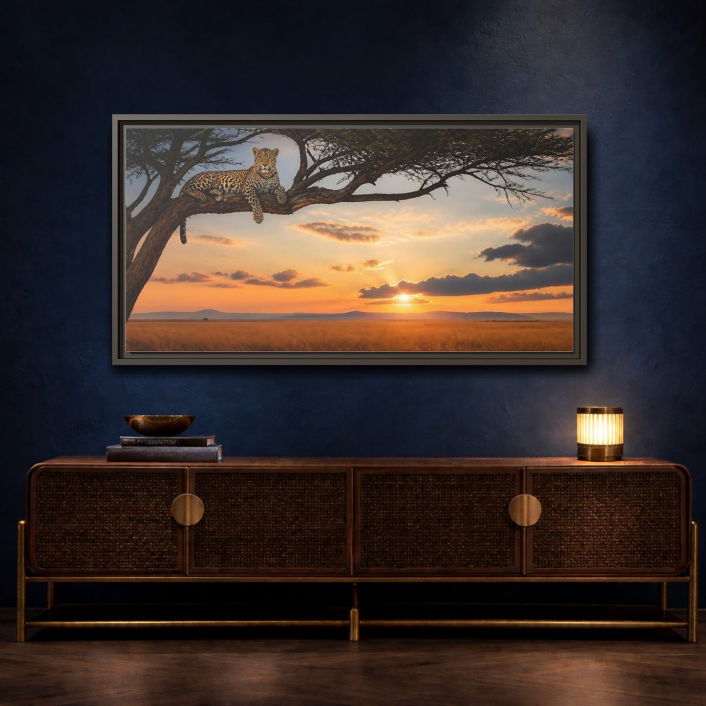 Mockup 4. Leopard On Acacia At Sunset shown as framed canvas print