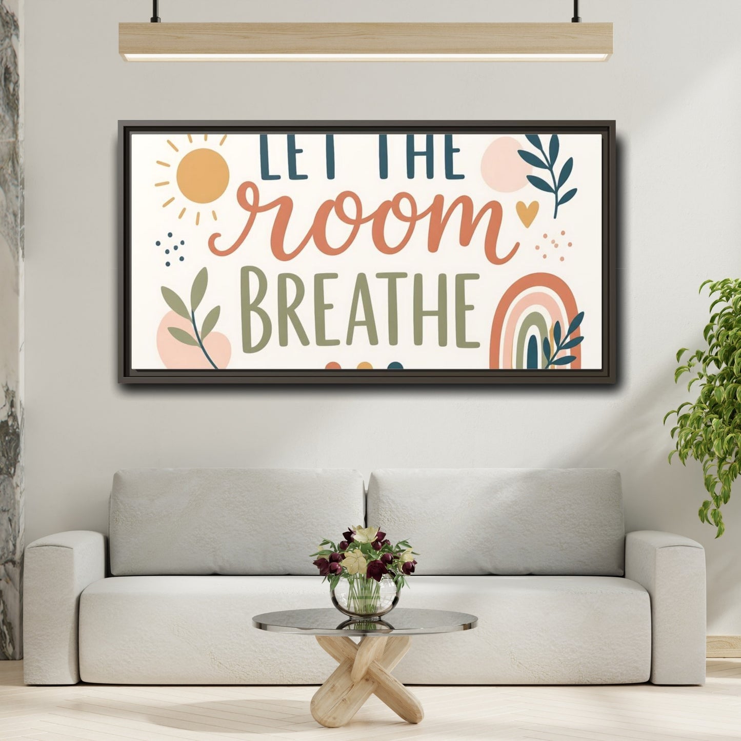 Mockup 2. Let The Room Breathe shown as framed canvas print