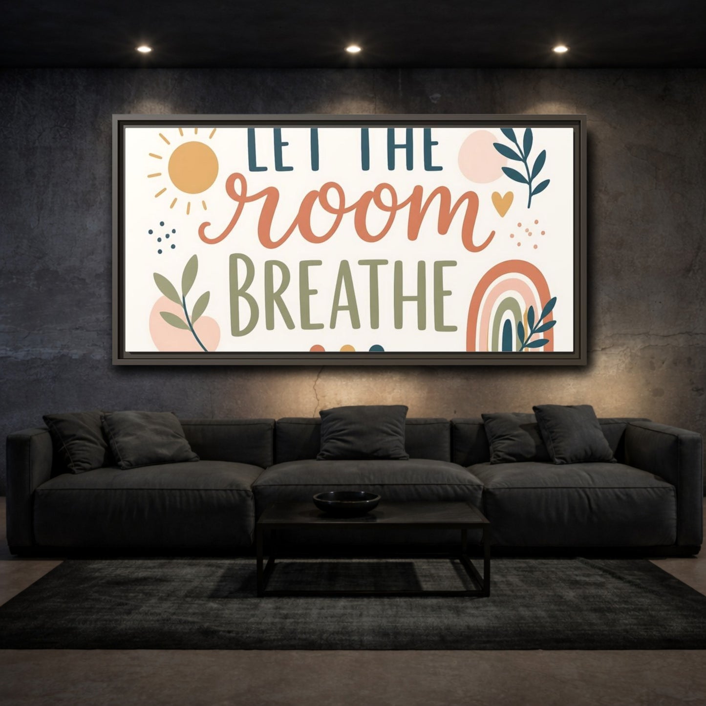 Mockup 3. Let The Room Breathe shown as framed canvas print