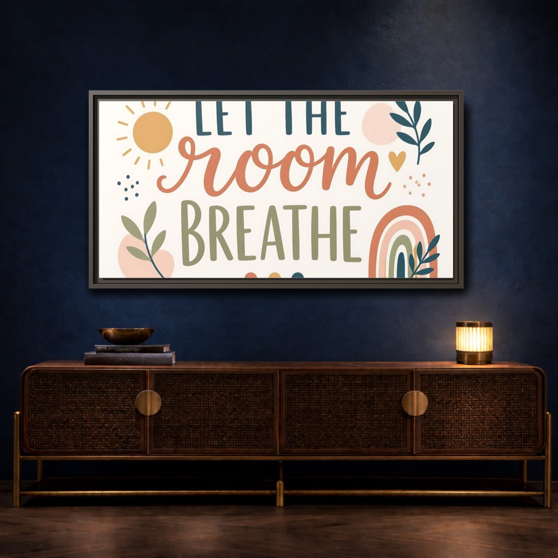 Mockup 4. Let The Room Breathe shown as framed canvas print
