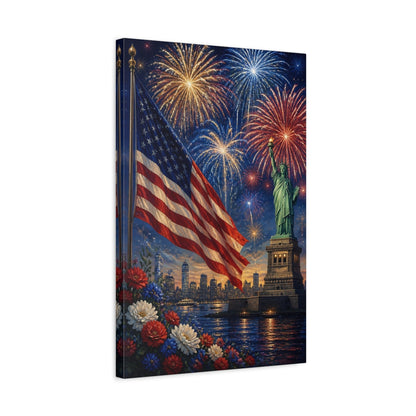 Side Mockup 3. Liberty Flag Fireworks shown as canvas print