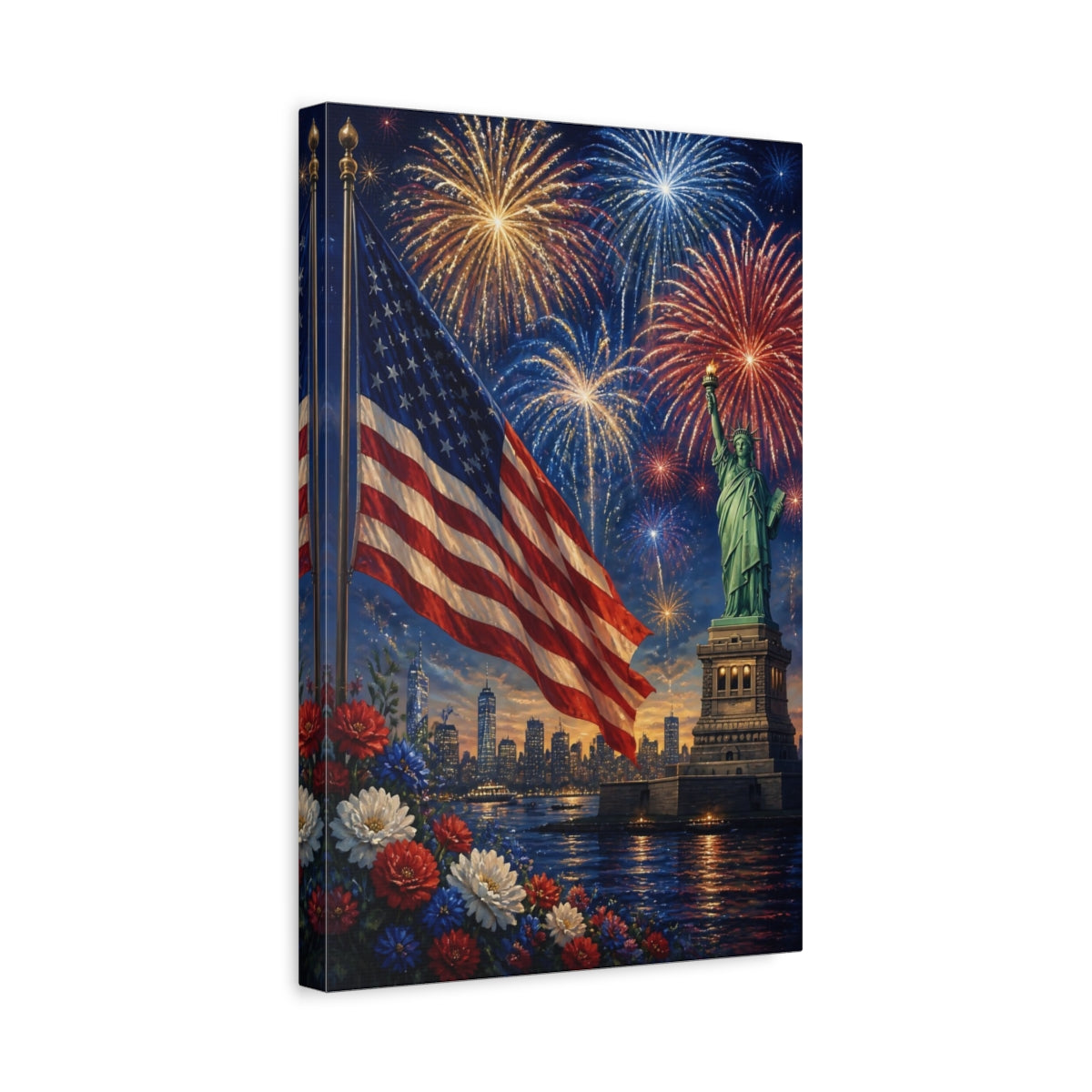 Side Mockup 4. Liberty Flag Fireworks shown as canvas print