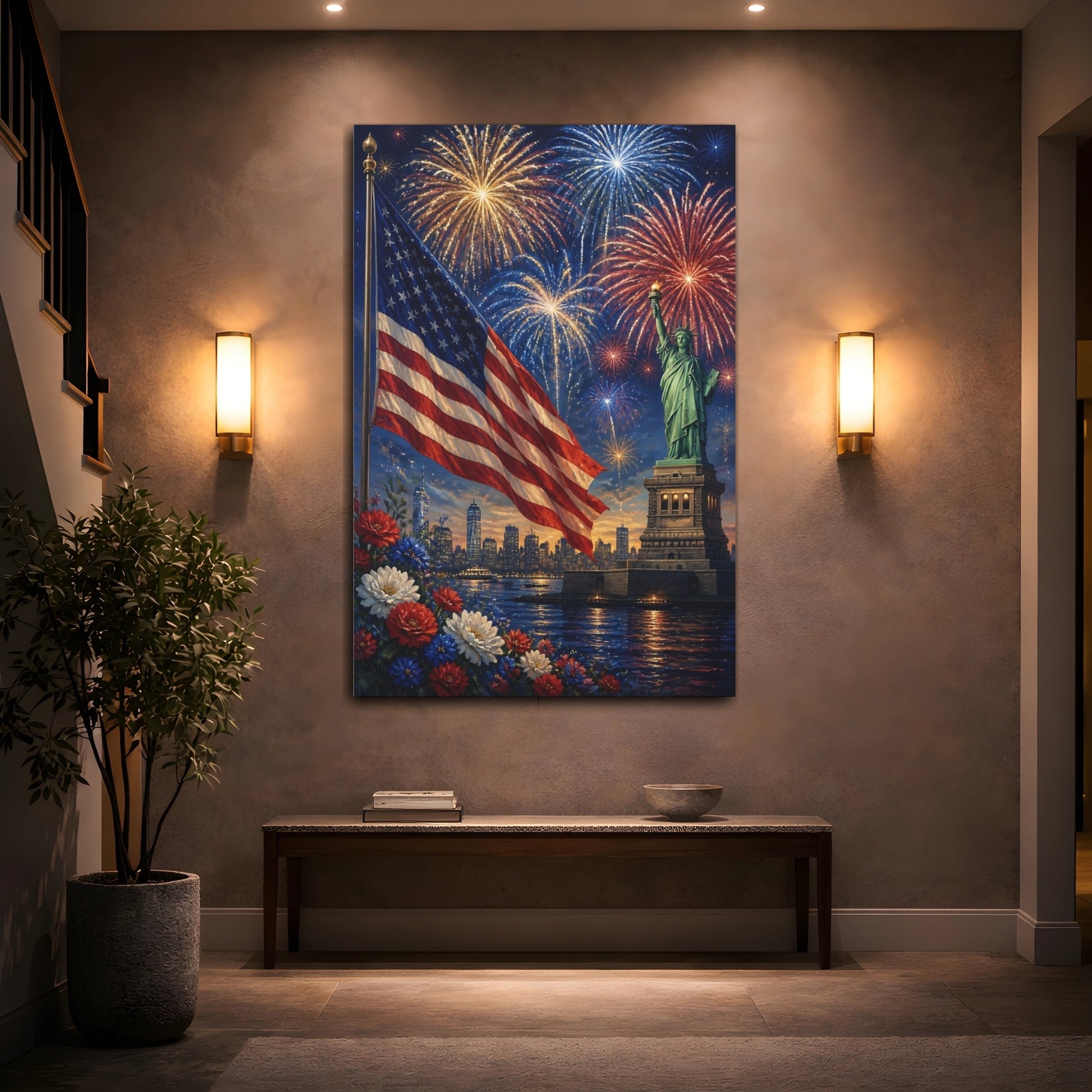 Mockup 2. Liberty Flag Fireworks shown as canvas print