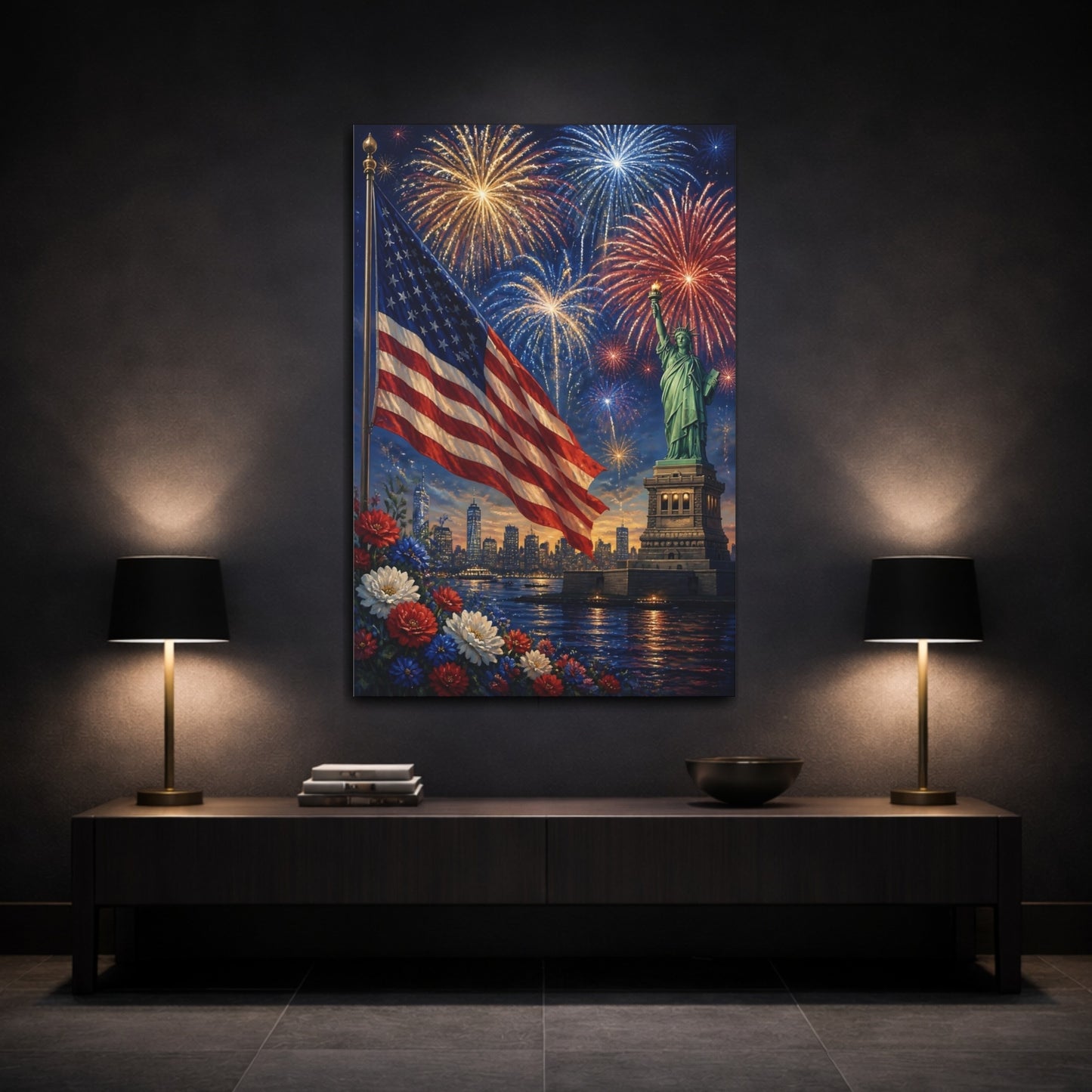 Mockup 3. Liberty Flag Fireworks shown as canvas print