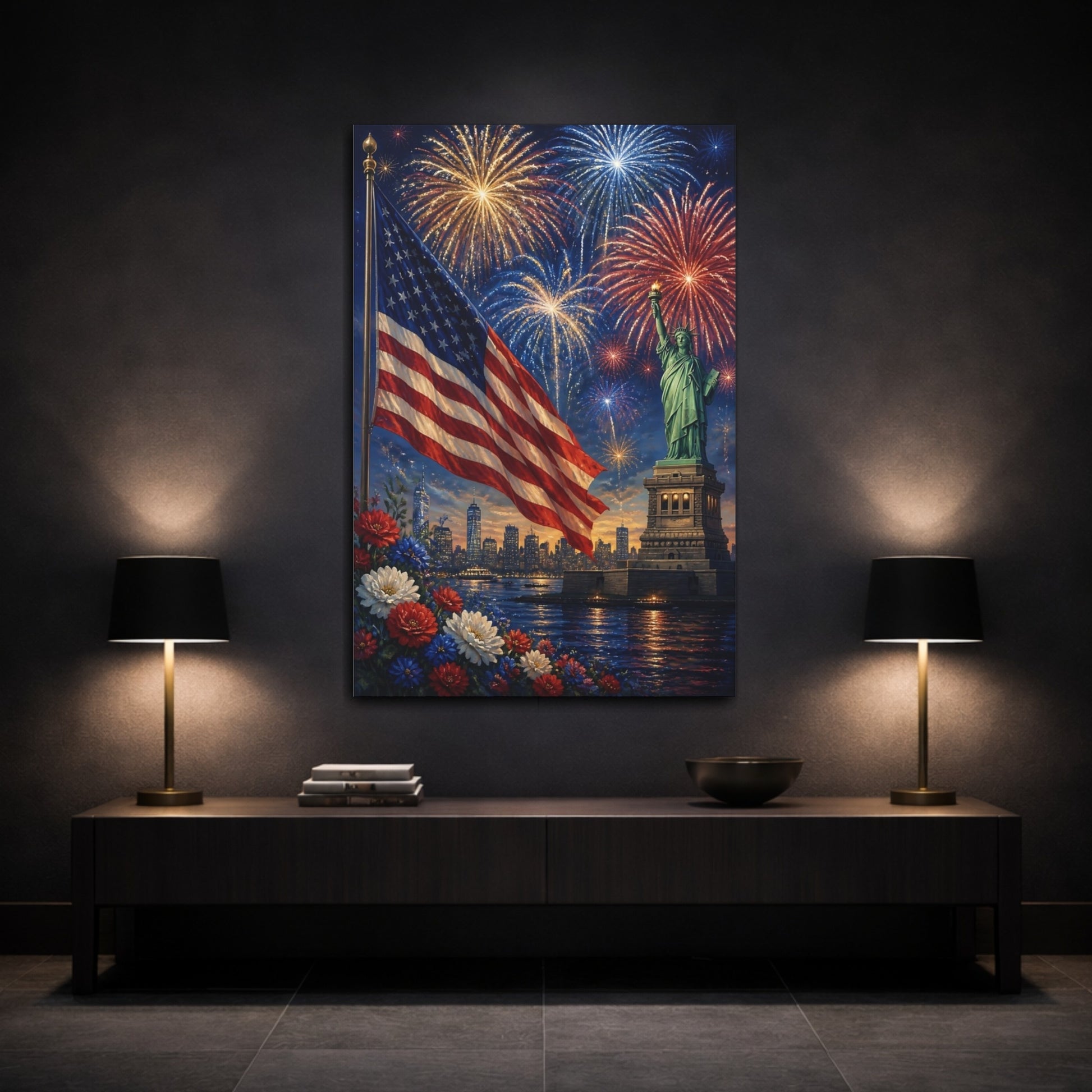 Mockup 3. Liberty Flag Fireworks shown as canvas print