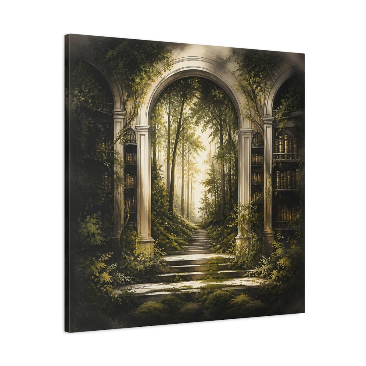 Side Mockup 3. Library Arch To Enchanted Forest shown as canvas print