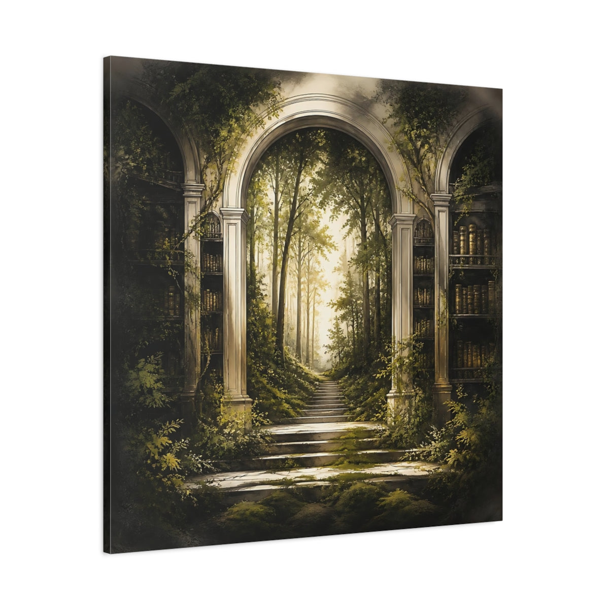 Side Mockup 1. Library Arch To Enchanted Forest shown as canvas print