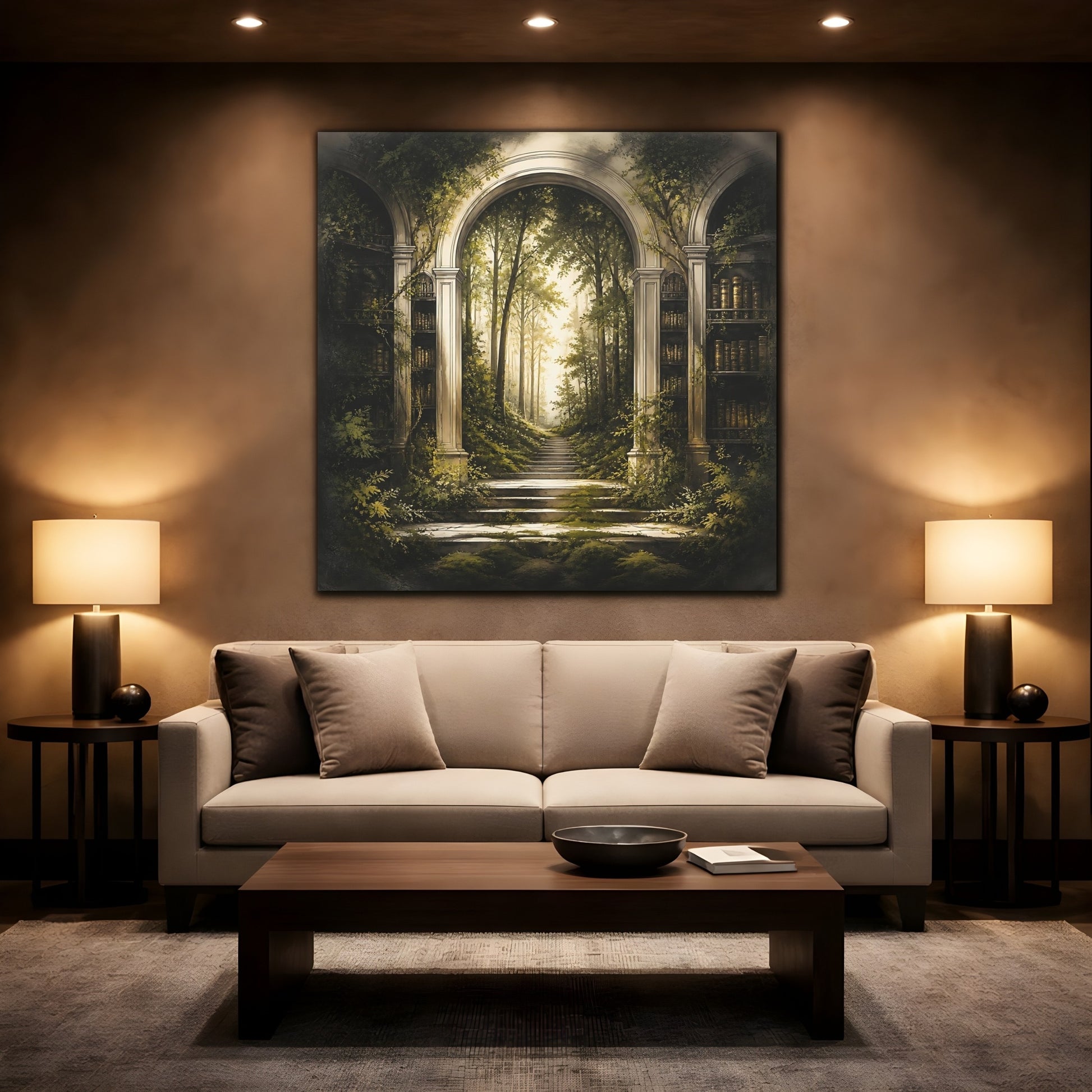 Mockup 2. Library Arch To Enchanted Forest shown as canvas print