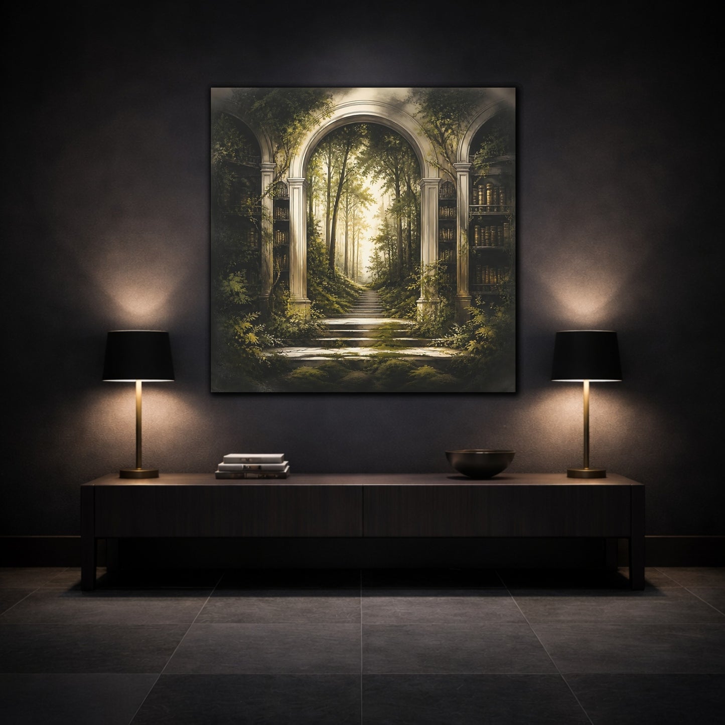 Mockup 3. Library Arch To Enchanted Forest shown as canvas print