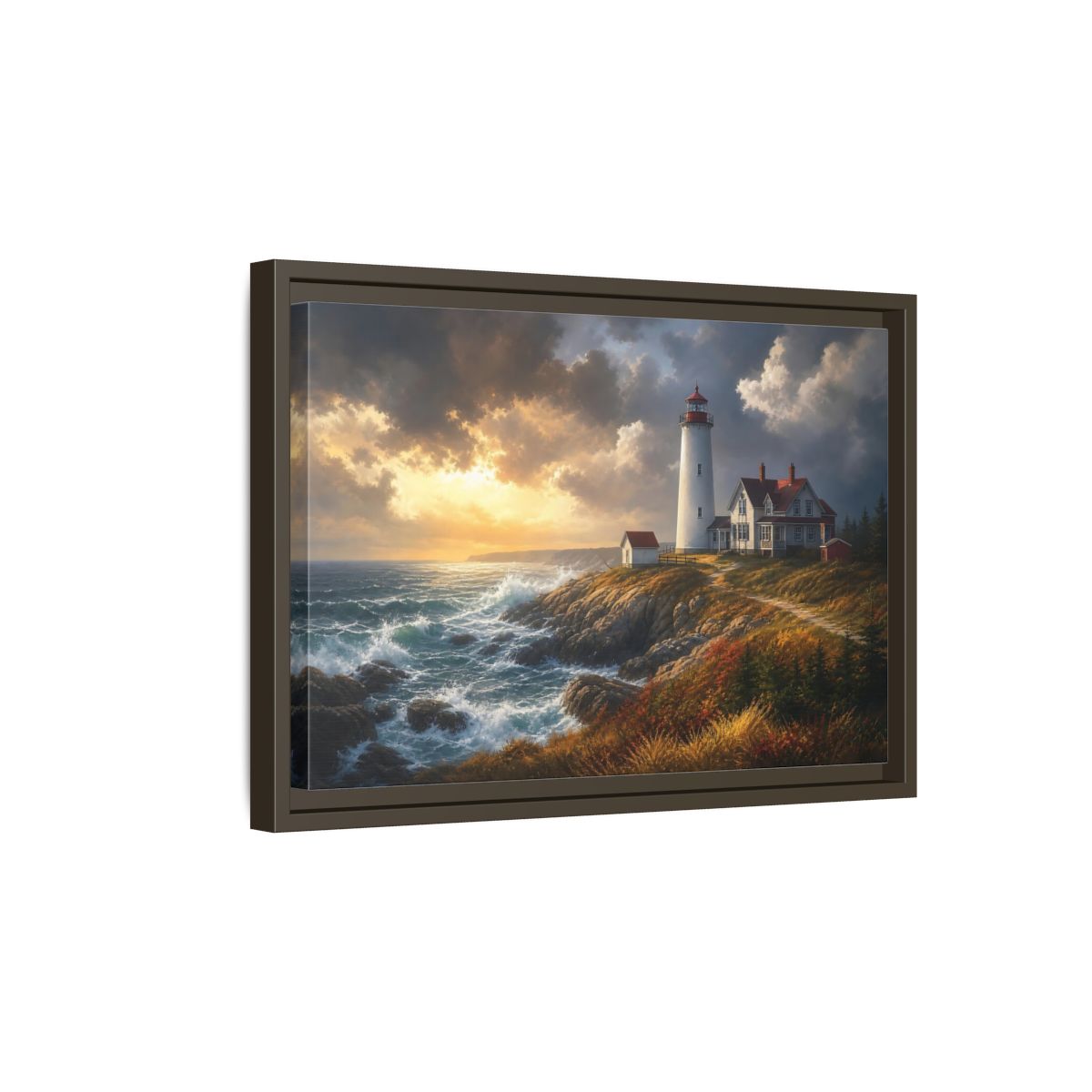Side Mockup 5. Lighthouse At Golden Sunset shown as framed canvas print