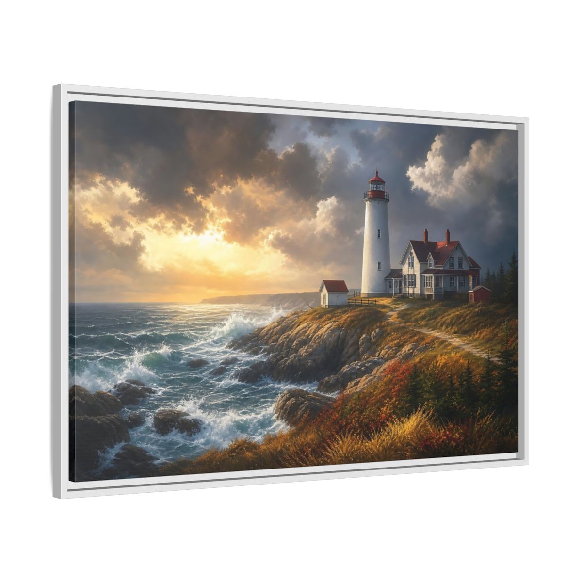 Side Mockup 9. Lighthouse At Golden Sunset shown as framed canvas print