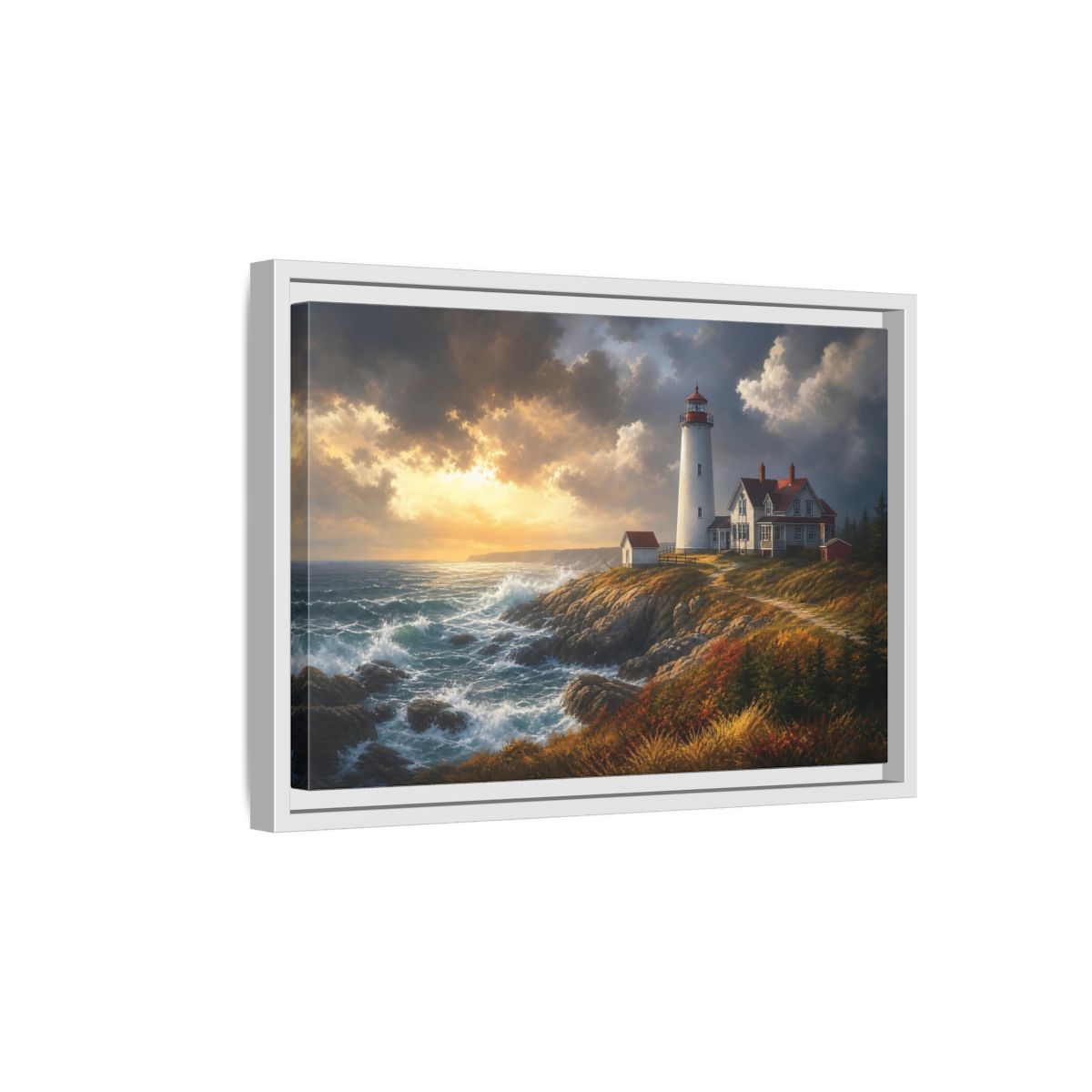 Side Mockup 4. Lighthouse At Golden Sunset shown as framed canvas print