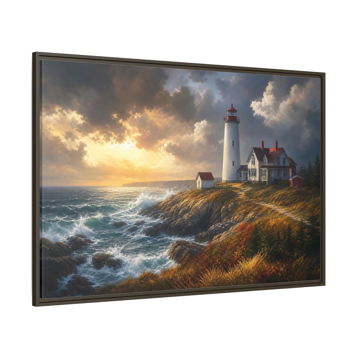Side Mockup 8. Lighthouse At Golden Sunset shown as framed canvas print