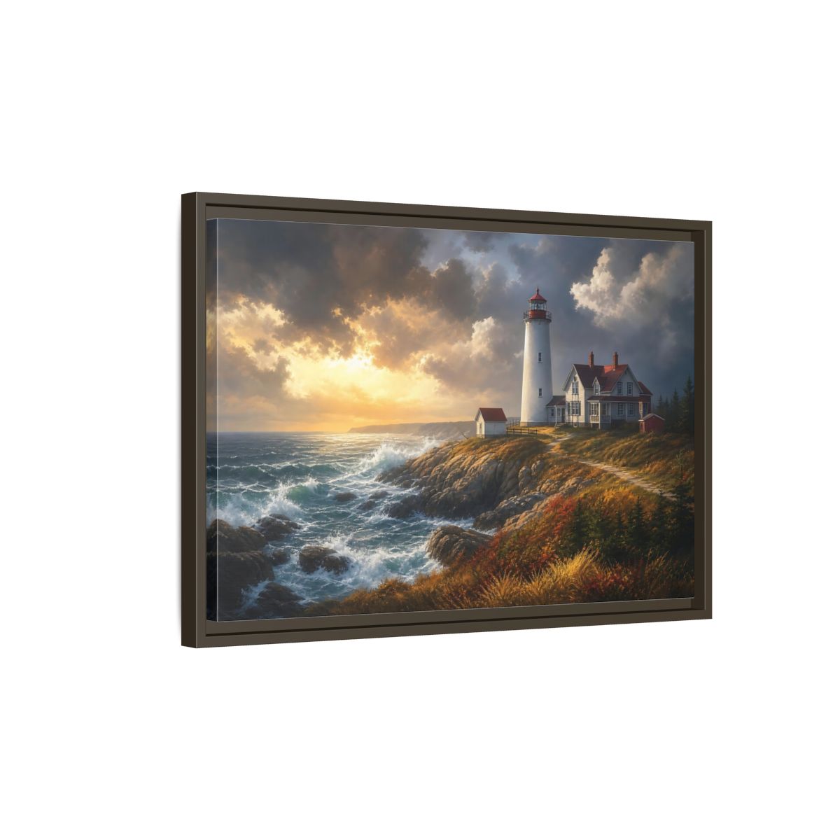 Side Mockup 2. Lighthouse At Golden Sunset shown as framed canvas print