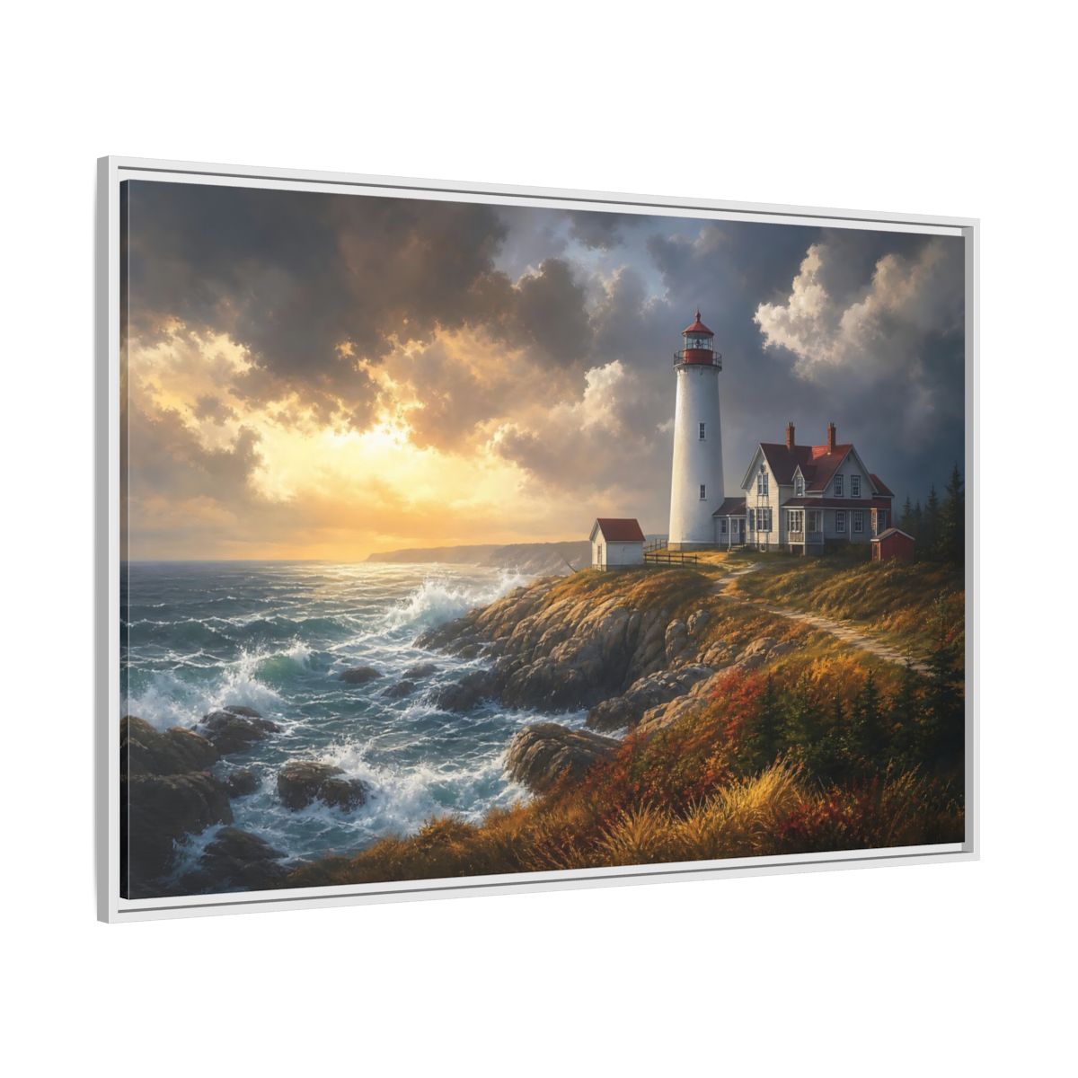 Side Mockup 7. Lighthouse At Golden Sunset shown as framed canvas print