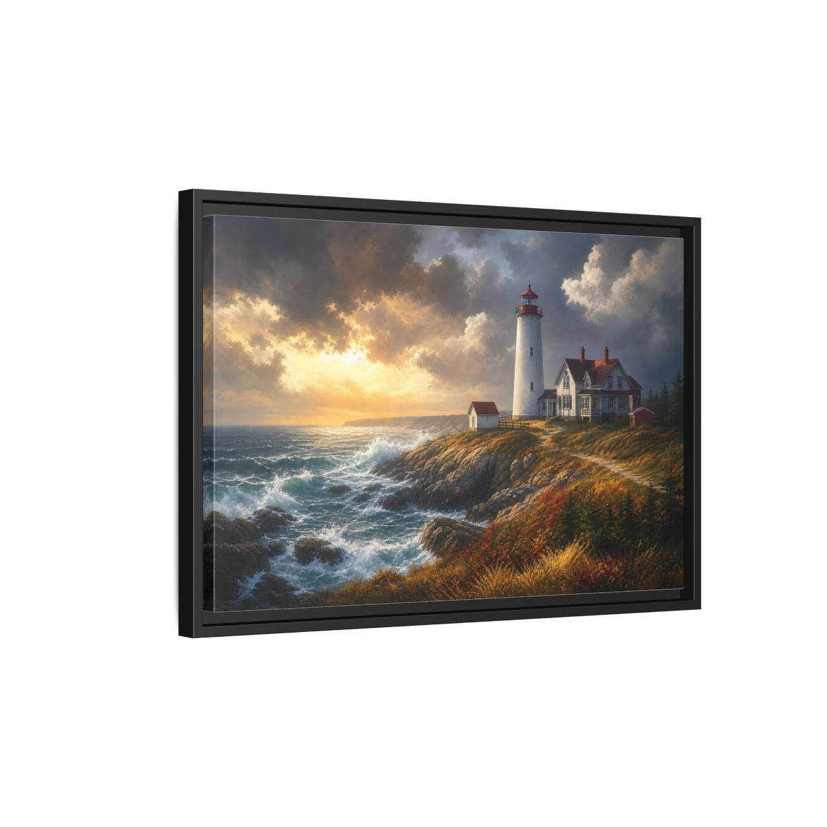 Side Mockup 3. Lighthouse At Golden Sunset shown as framed canvas print