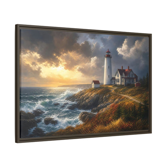 Main Mockup. Lighthouse At Golden Sunset shown as framed canvas print