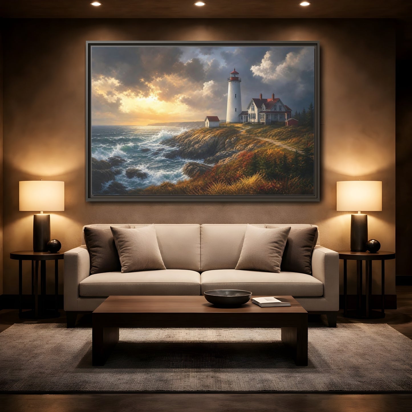 Mockup 2. Lighthouse At Golden Sunset shown as framed canvas print