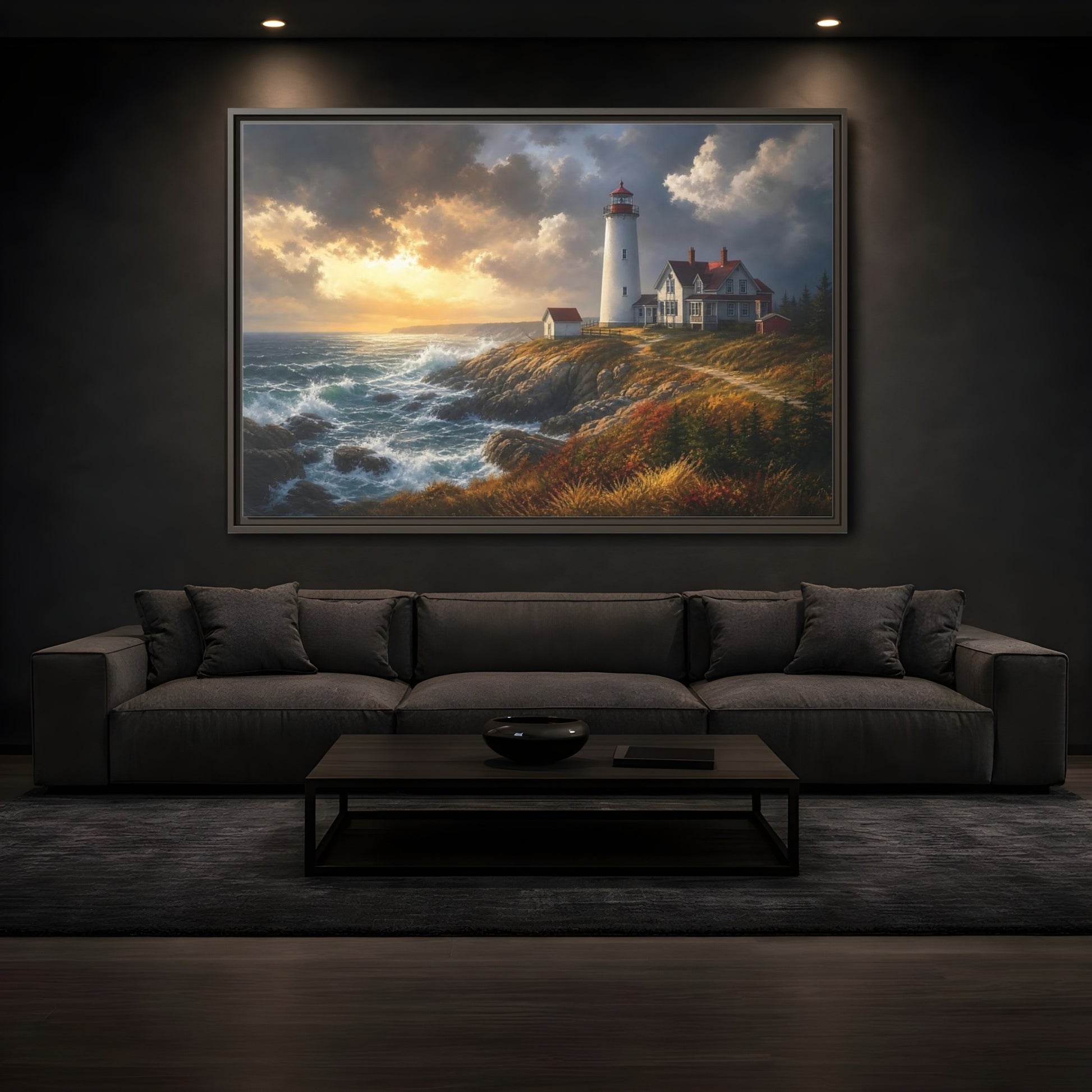 Mockup 3. Lighthouse At Golden Sunset shown as framed canvas print
