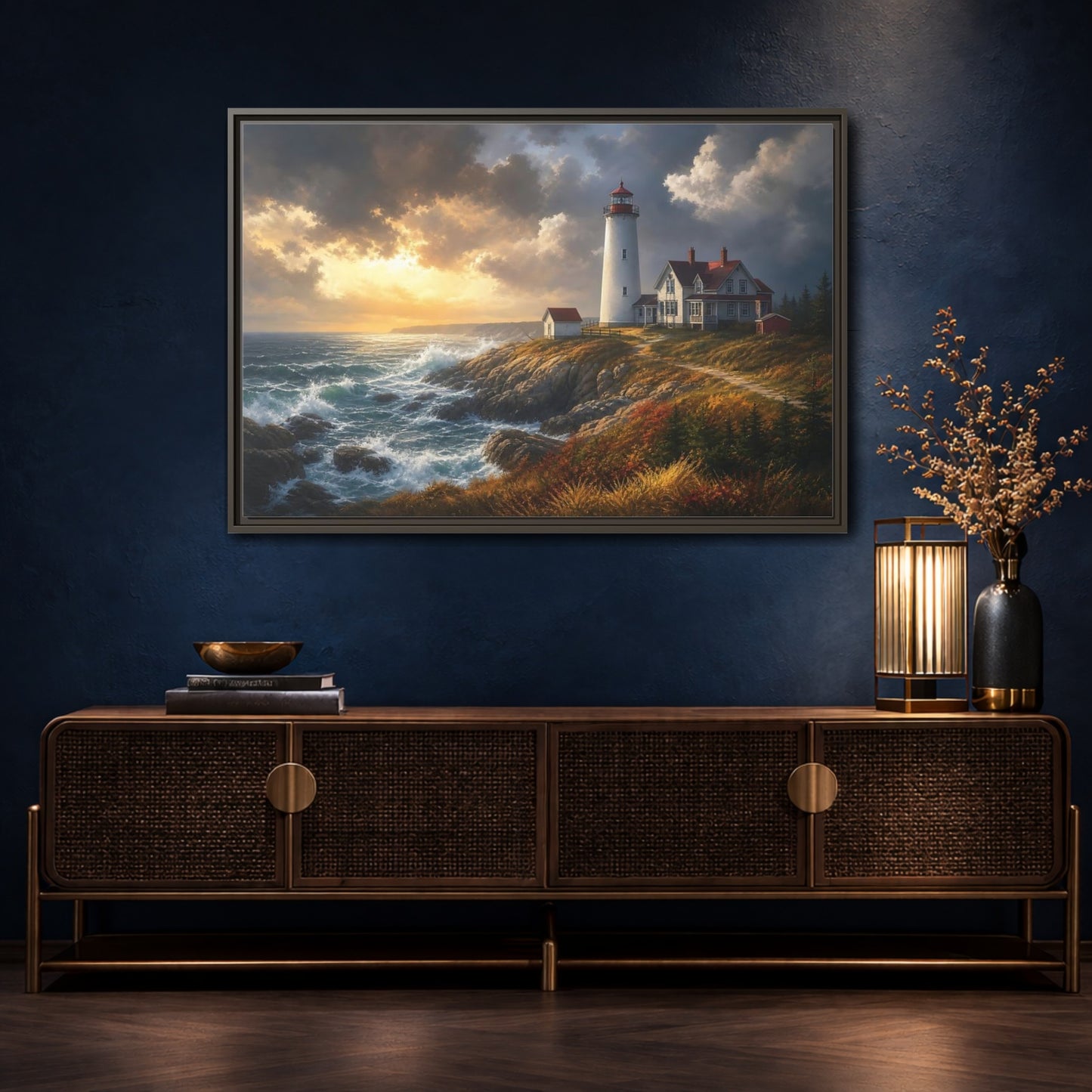 Mockup 4. Lighthouse At Golden Sunset shown as framed canvas print