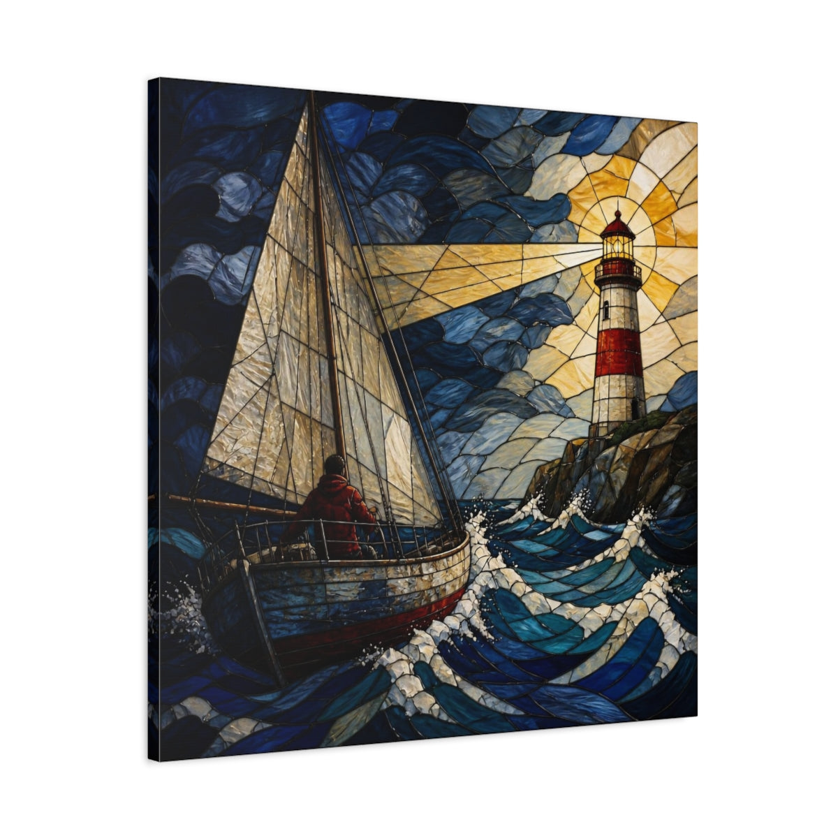 Side Mockup 3. Lighthouse Beacon At Sea shown as canvas print