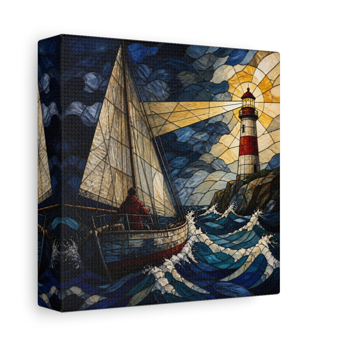 Side Mockup 2. Lighthouse Beacon At Sea shown as canvas print