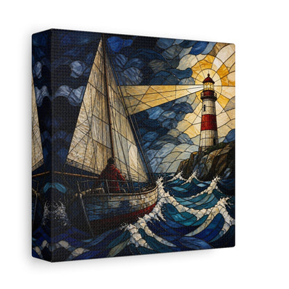 Side Mockup 2. Lighthouse Beacon At Sea shown as canvas print