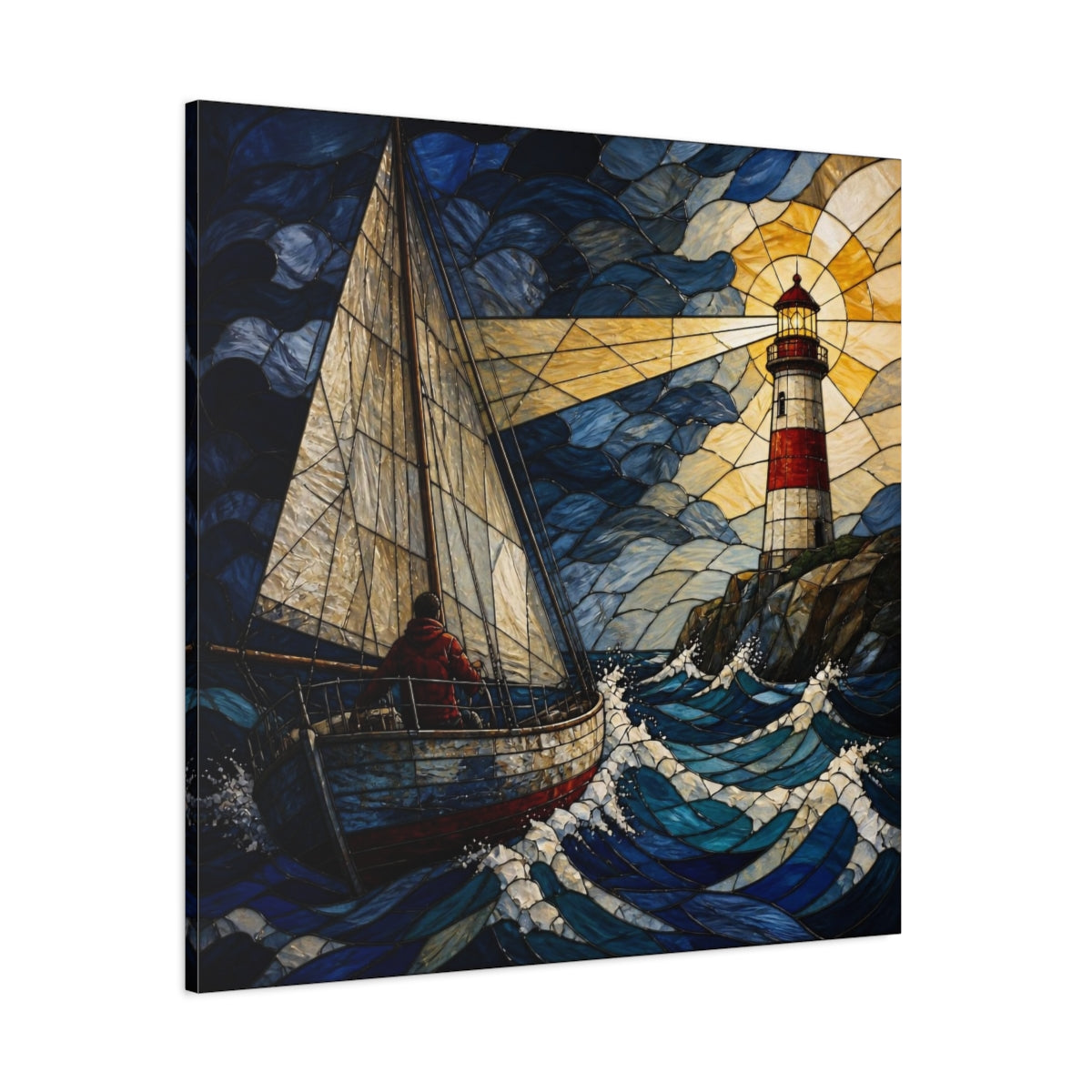 Side Mockup 1. Lighthouse Beacon At Sea shown as canvas print