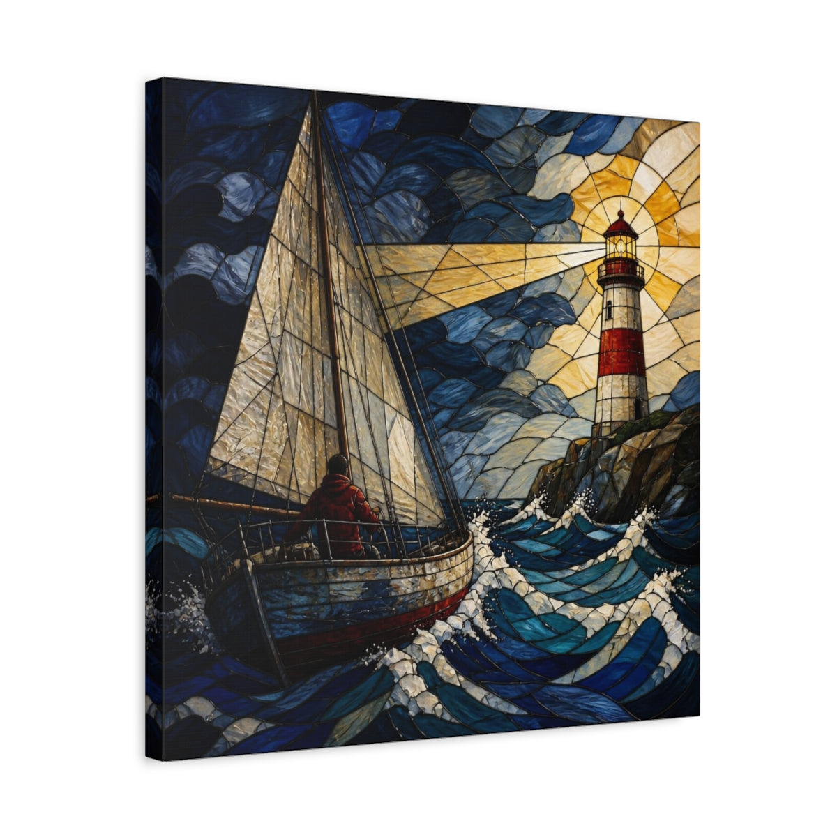 Side Mockup 5. Lighthouse Beacon At Sea shown as canvas print