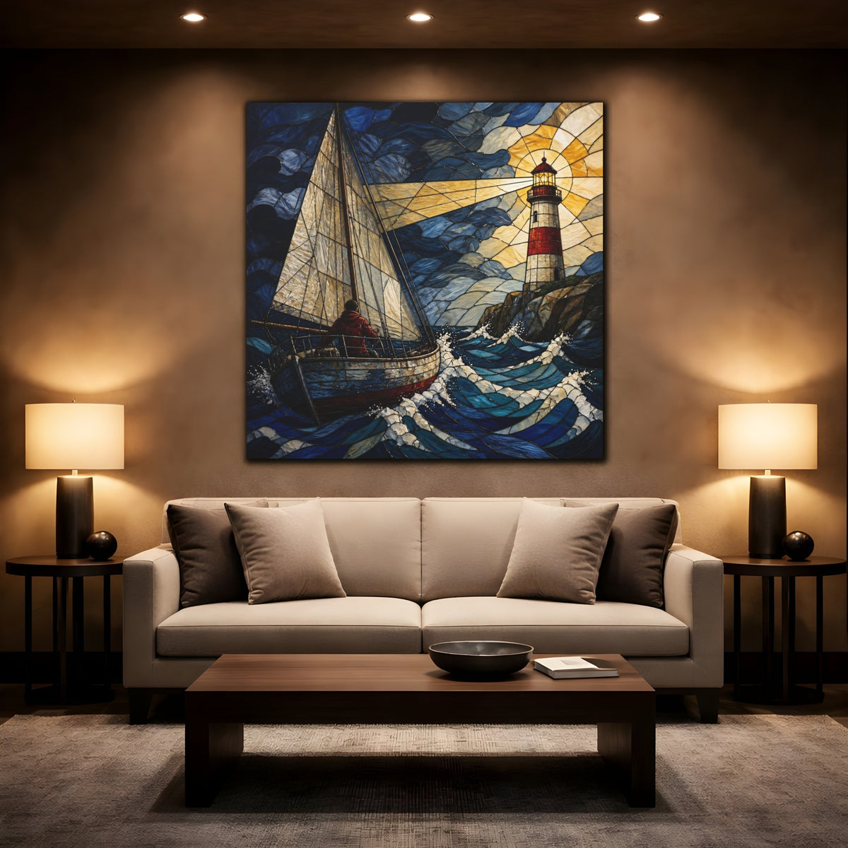 Mockup 2. Lighthouse Beacon At Sea shown as canvas print