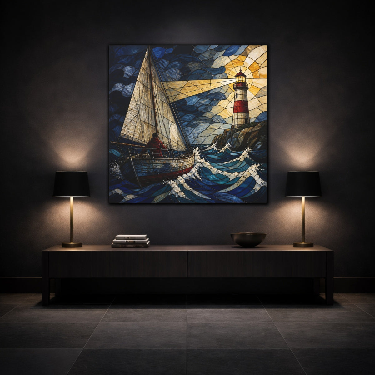 Mockup 3. Lighthouse Beacon At Sea shown as canvas print