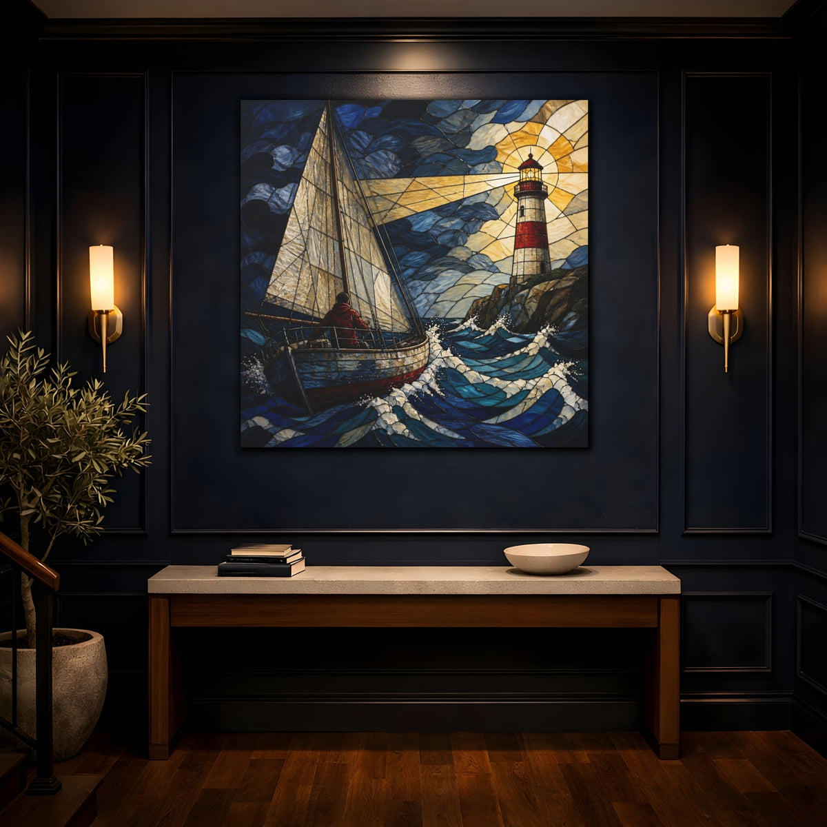 Mockup 4. Lighthouse Beacon At Sea shown as canvas print