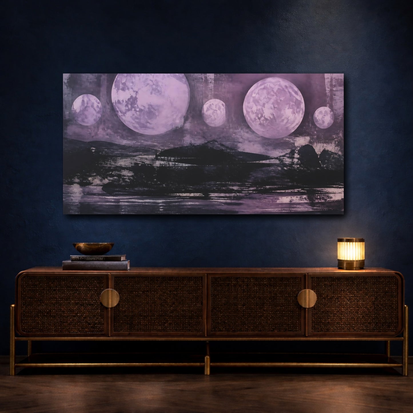 Mockup 4. Lilac Moons Over Ink Horizon shown as canvas print