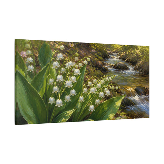 Main Mockup. Lily-Of-The-Valley Brook shown as canvas print