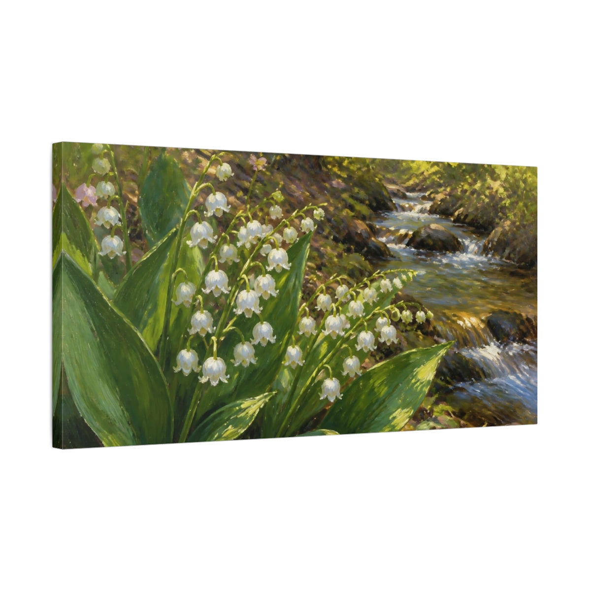 Side Mockup 1. Lily-Of-The-Valley Brook shown as canvas print