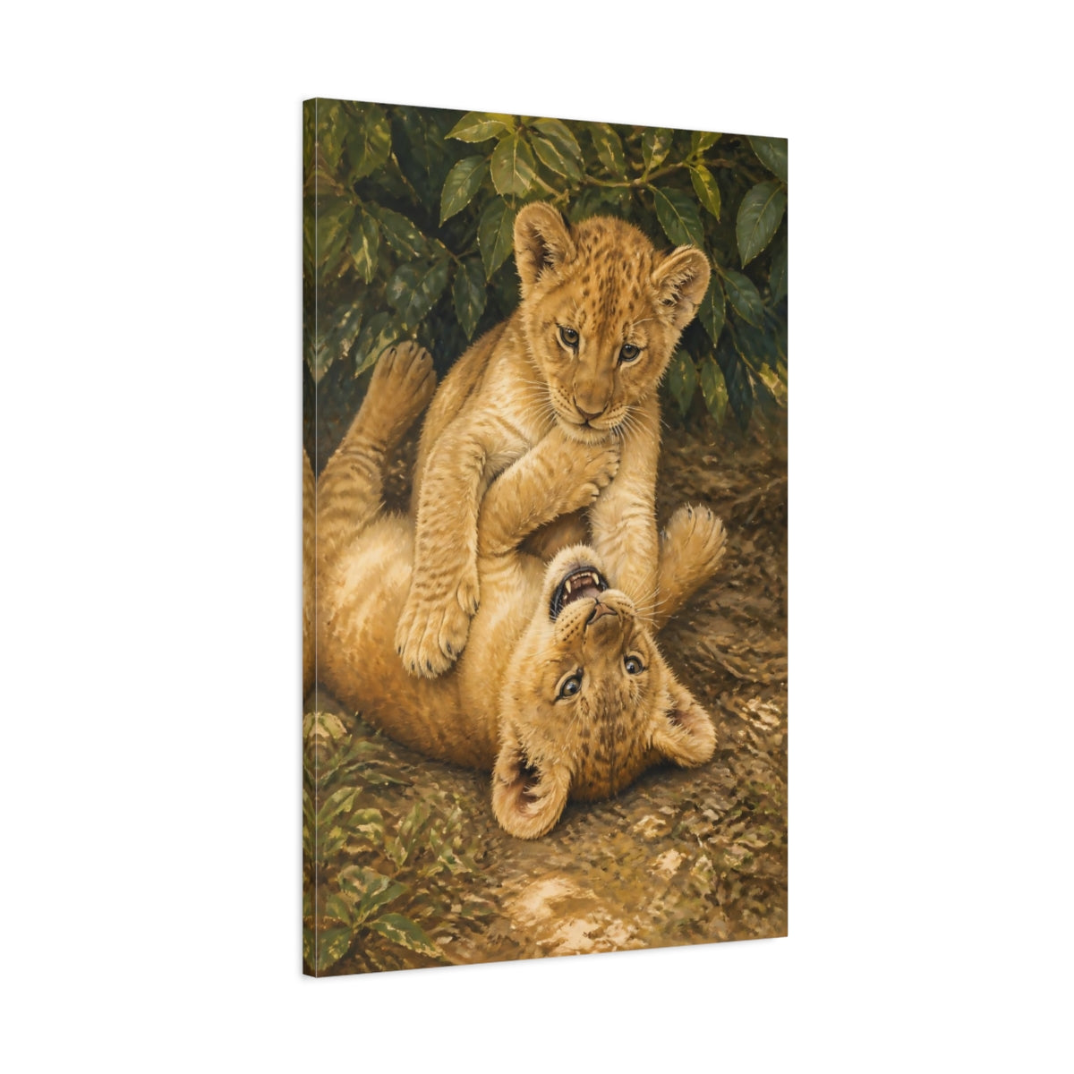 Main Mockup. Lion Cub Playtime Animals shown as canvas print