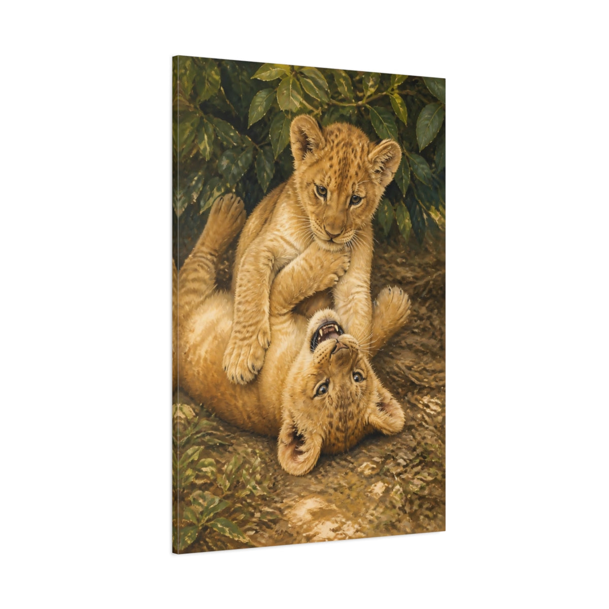 Side Mockup 1. Lion Cub Playtime Animals shown as canvas print