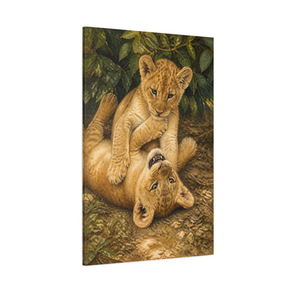 Side Mockup 1. Lion Cub Playtime Animals shown as canvas print