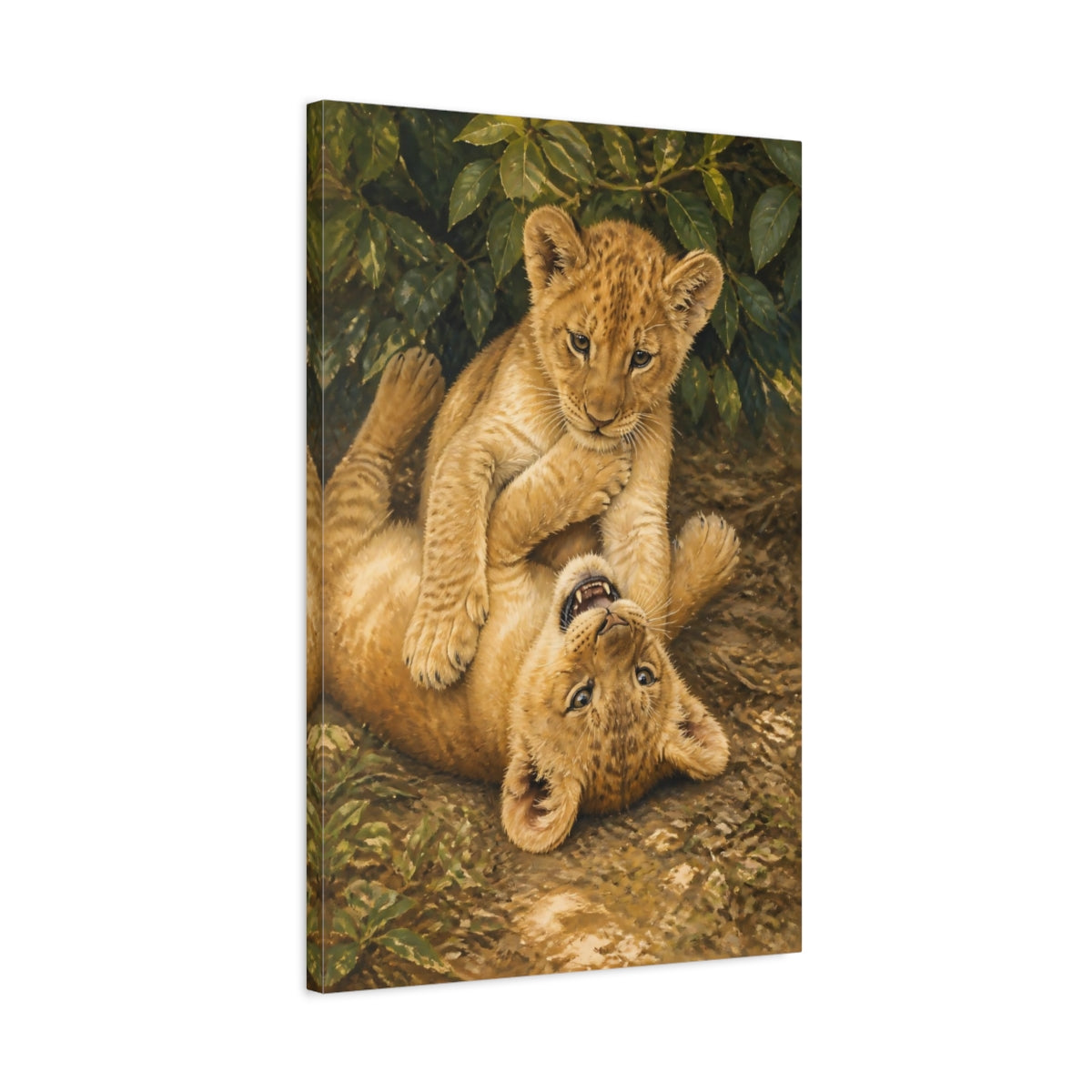 Side Mockup 2. Lion Cub Playtime Animals shown as canvas print