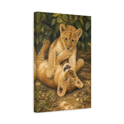 Side Mockup 4. Lion Cub Playtime Animals shown as canvas print