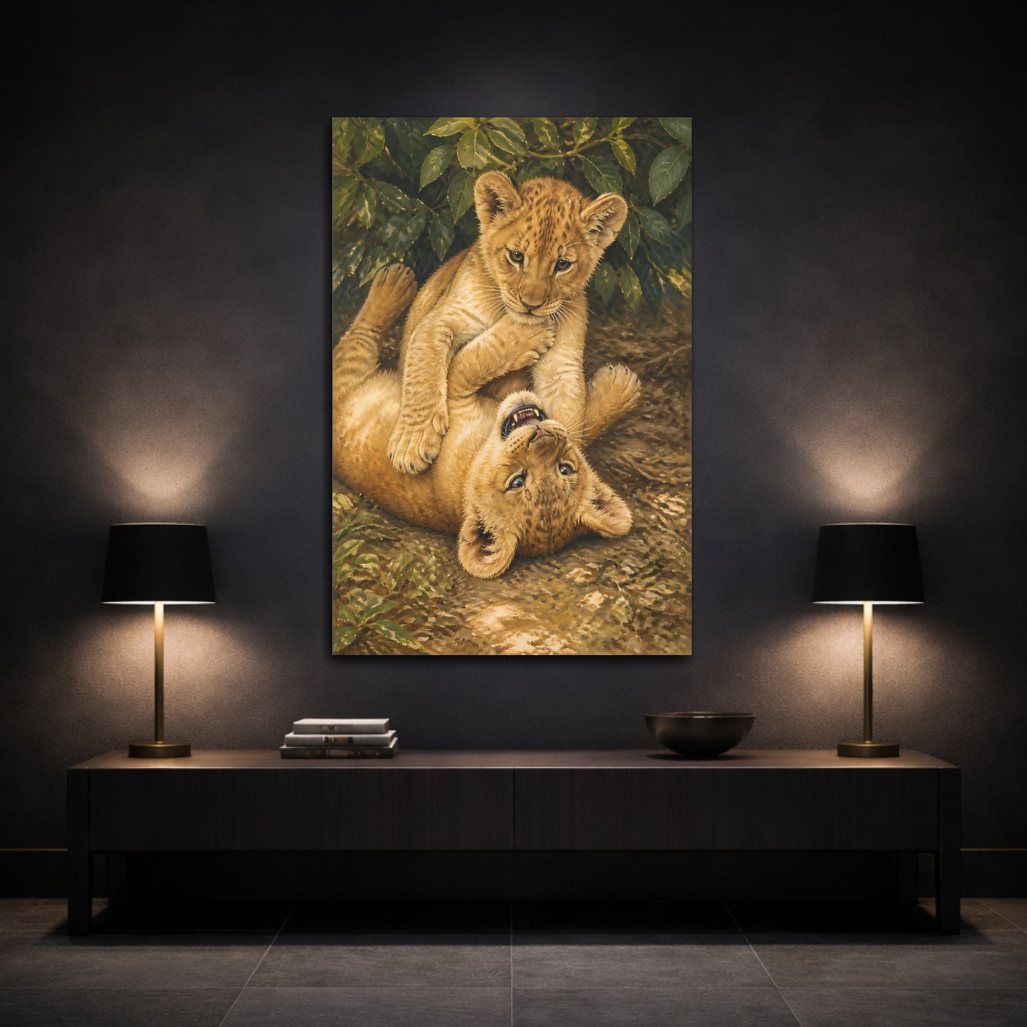 Mockup 3. Lion Cub Playtime Animals shown as canvas print